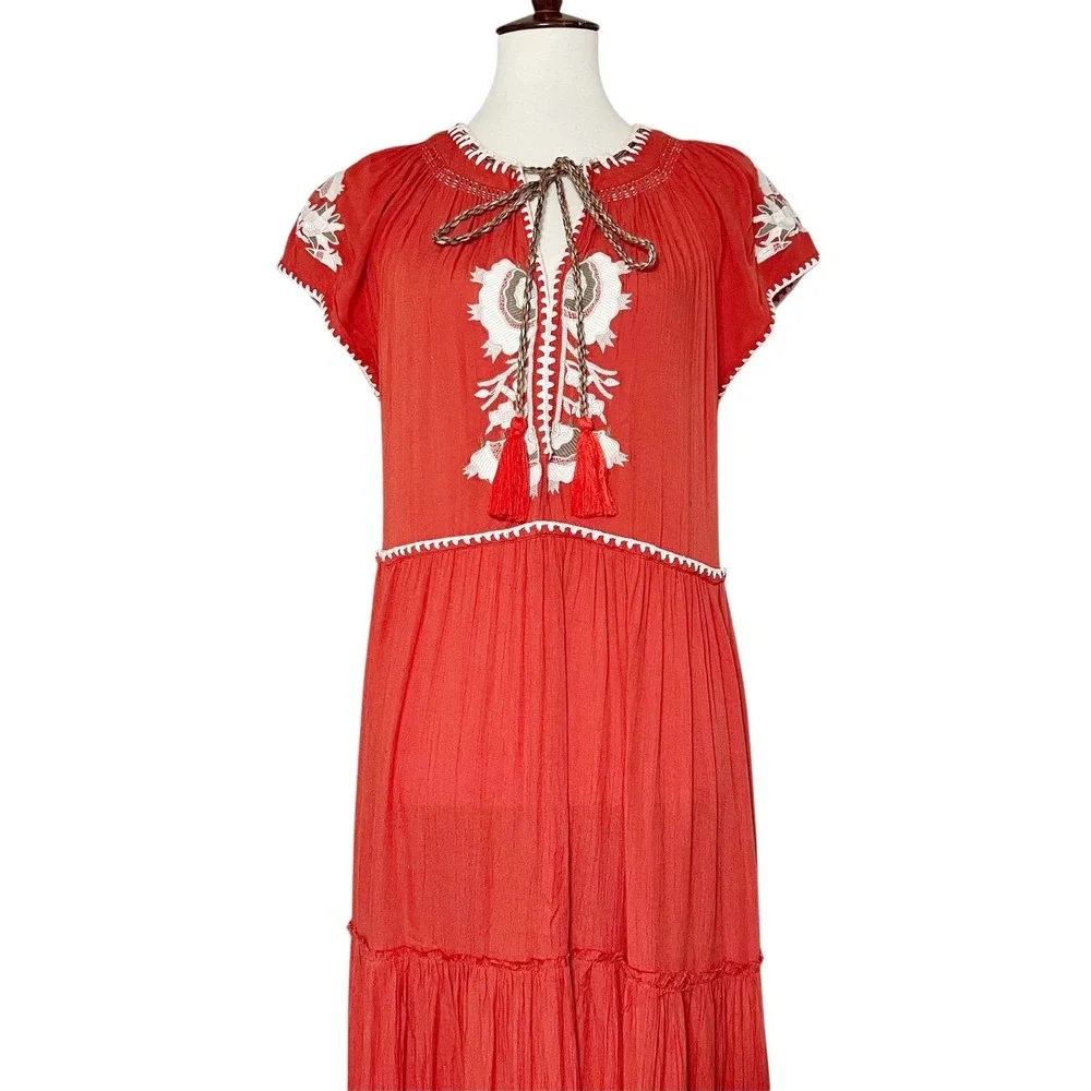 Free People Daisy Fields Maxi Dress Embroidered Tassel Tie Bohemian Boho XS - Picture 7 of 12